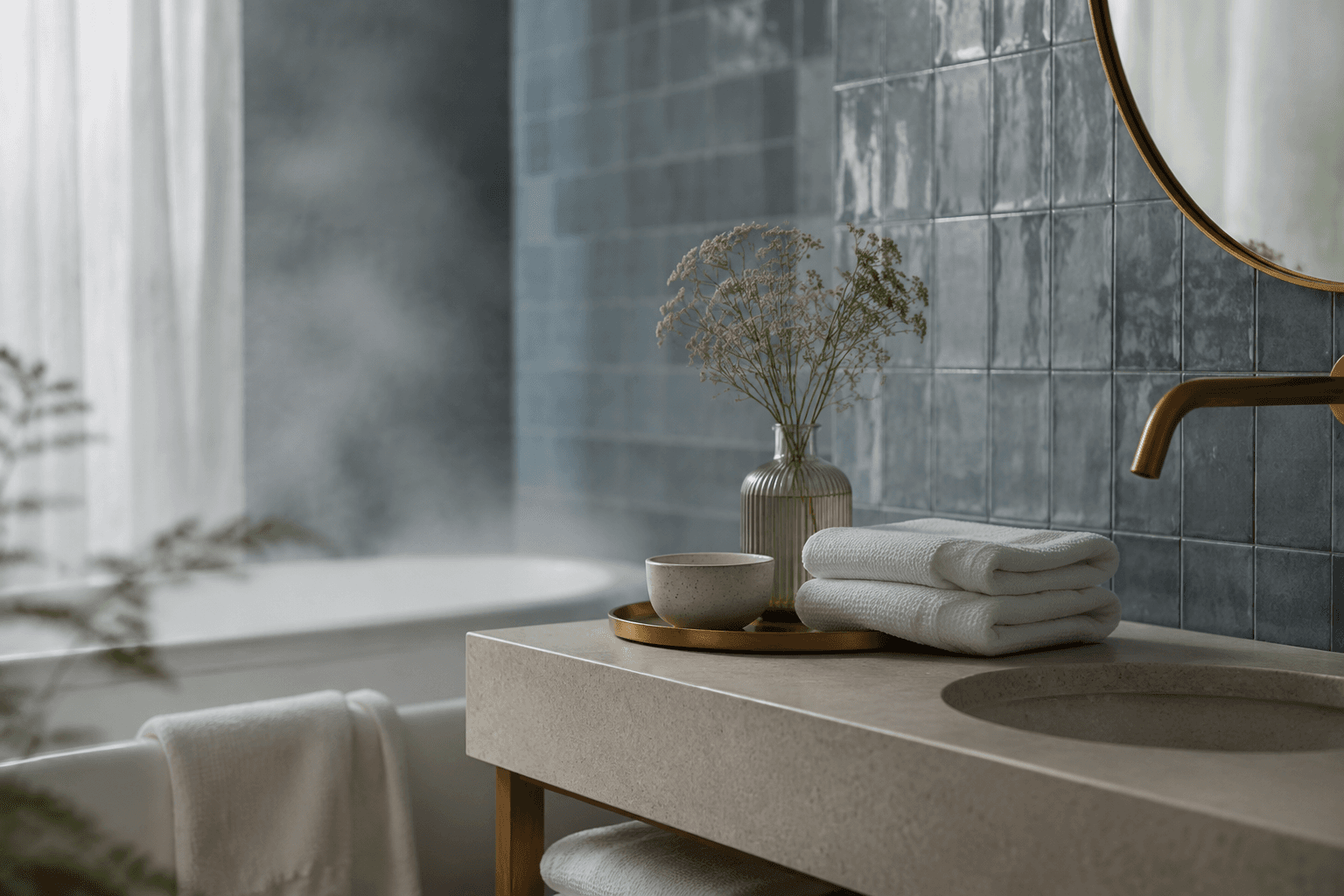 Steam-soft bathroom scene with mist blue tiles, folded towels and a warm brass tray