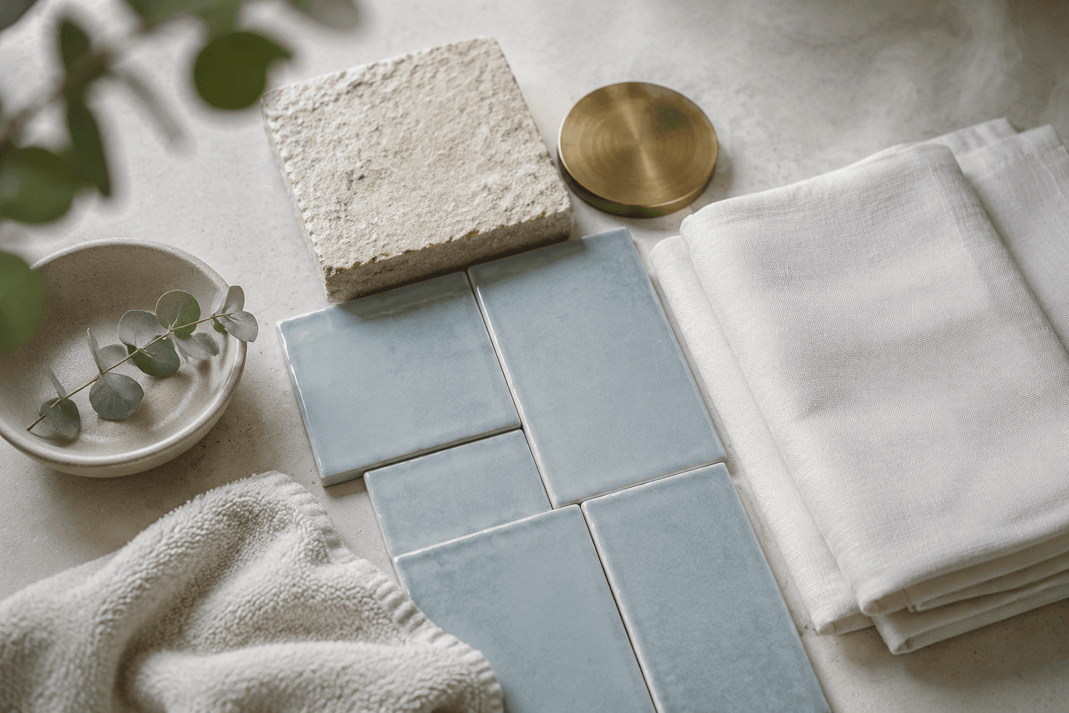Flat lay mood board of tile swatches, stone, brass disc and folded linen
